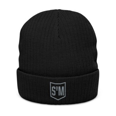 Embroidered Ribbed Beanie — Minimal Shield Logo Knit Hat