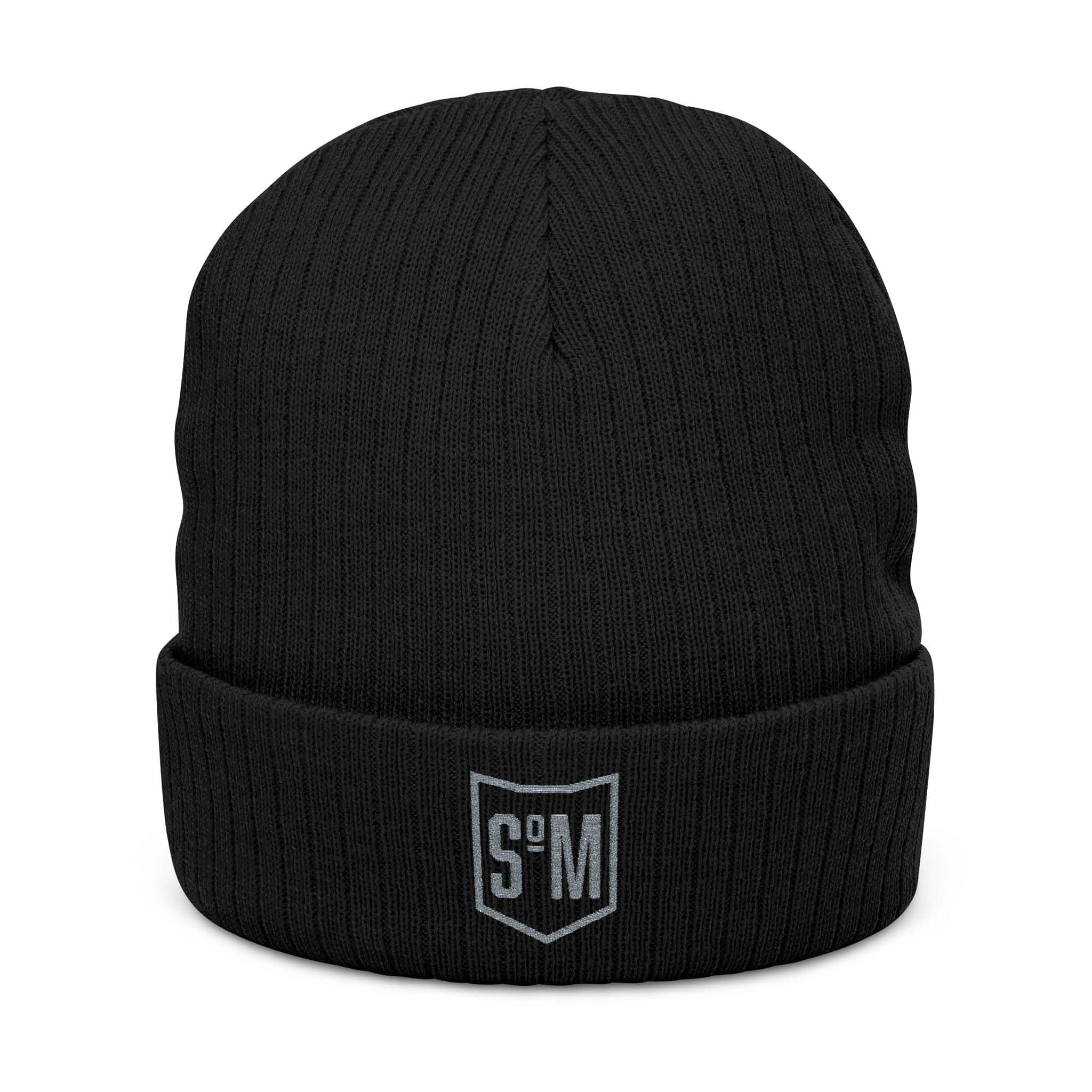 Embroidered Ribbed Beanie — Minimal Shield Logo Knit Hat
