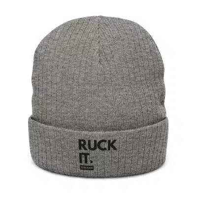 Ruck It Embroidered Ribbed Knit Beanie — Gray Cuffed Winter Hat