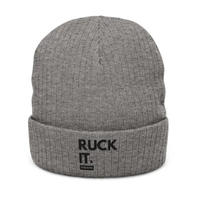Ruck It Embroidered Ribbed Knit Beanie — Gray Cuffed Winter Hat
