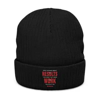 Embroidered Ribbed Beanie — "Results Don't Come From Comfort" Motivational Winter Hat