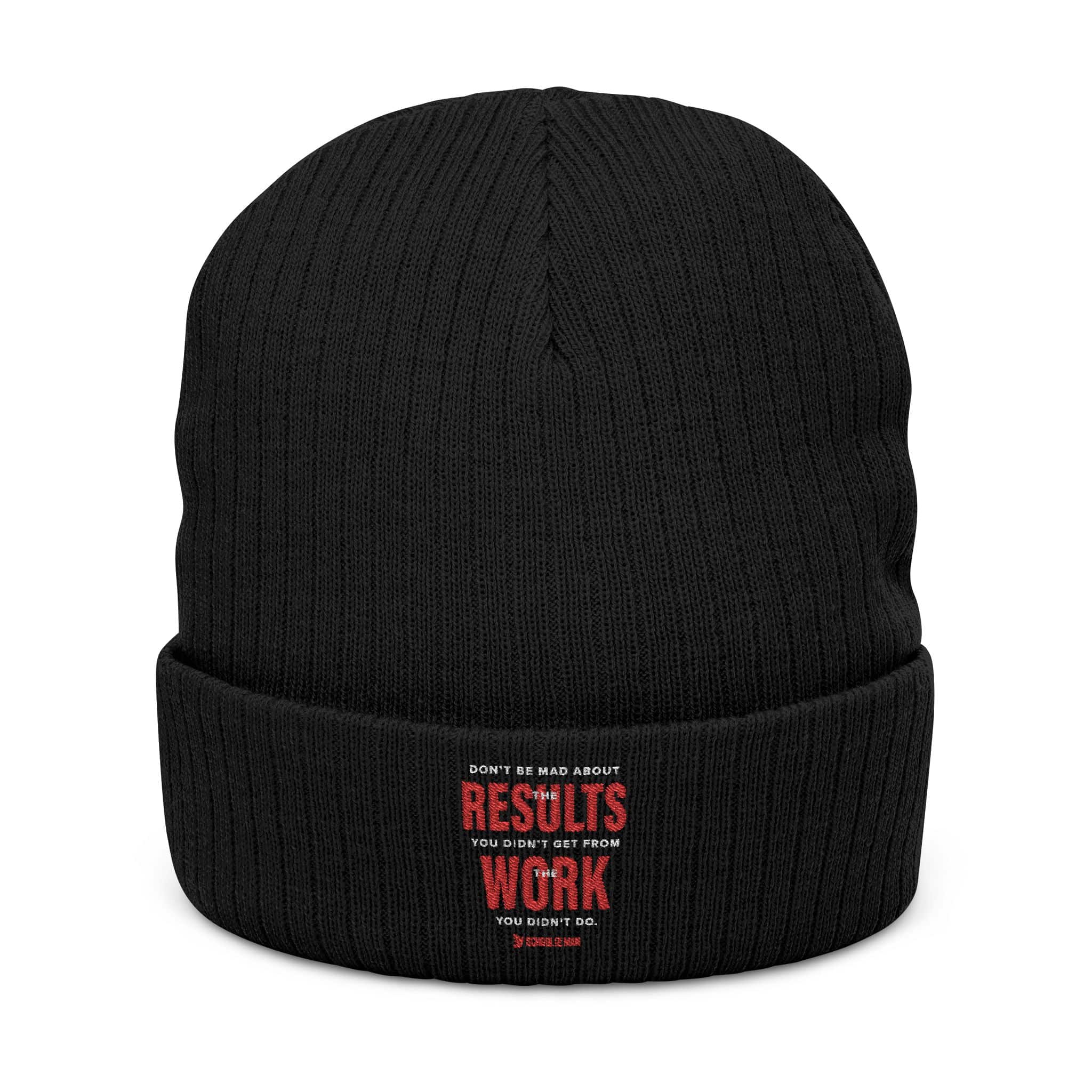 Embroidered Ribbed Beanie — "Results Don't Come From Comfort" Motivational Winter Hat
