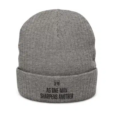 Embroidered Ribbed Beanie — “As One Man Sharpens America” Gray Winter Hat