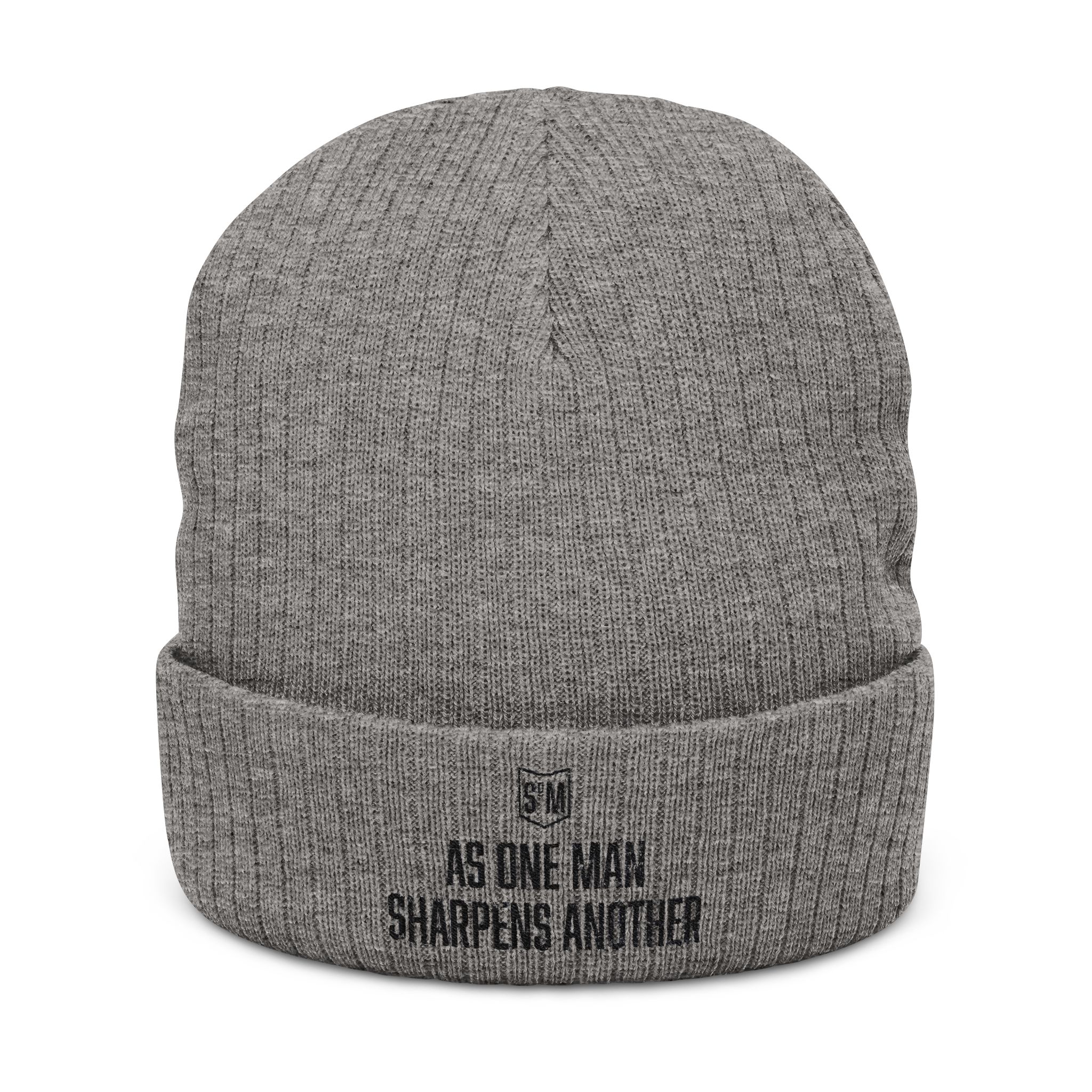 Embroidered Ribbed Beanie — “As One Man Sharpens America” Gray Winter Hat