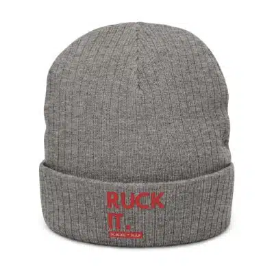Ruck It Embroidered Ribbed Knit Beanie — Warm Gray Cuffed Winter Hat