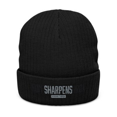 Ribbed Knit Beanie — Embroidered “Life Sharpens” Cuffed Winter Hat