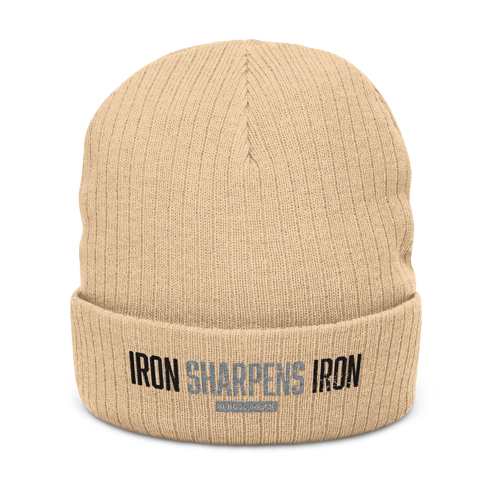 Ribbed Knit Beanie — Embroidered “Life Sharpens” Cuffed Winter Hat