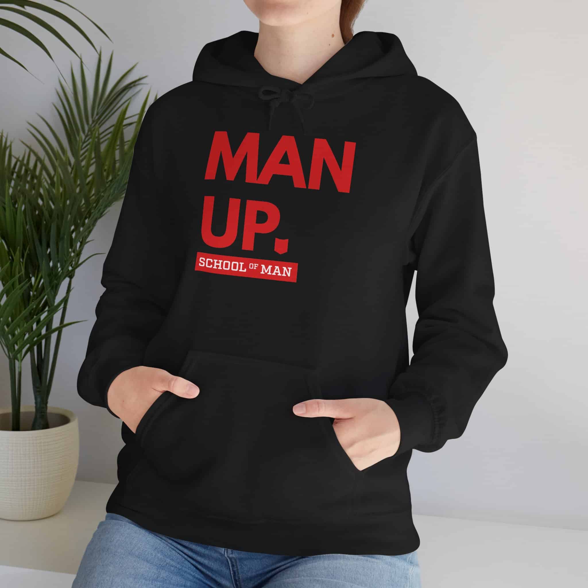 Man Up Hoodie - Bold Red 'Man Up. School of Man' Graphic Pullover - Image 12